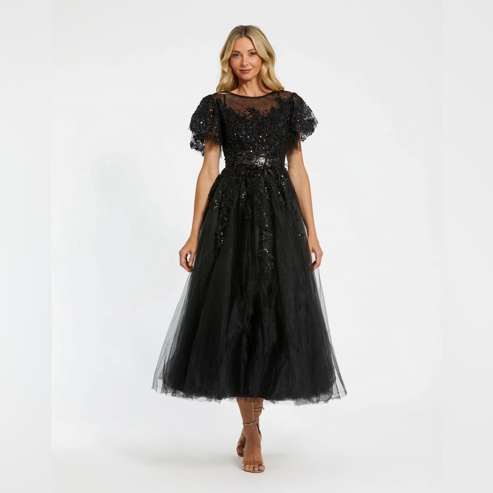 NWT $798 MAC DUGGAL Black Embellished Flutter Sleeve Bow Waist ALine Dress 20362